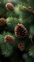 A vibrant, close-up photograph showcasing pine cones on a branch of evergreen needles, capturing the essence of a wintery holiday season.