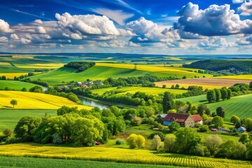 Fototapeta premium Scenic View of Ukraine's Countryside with Lush Green Fields and Vibrant Blue Sky in Summer