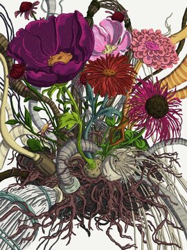 Flowers with roots and cables, wires, pipes