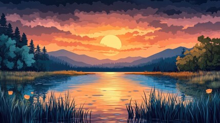 Sunset over a marshland with golden hues lakes and a serene natural setting Evening light casts a warm glow amidst rain Tranquil sunset over marshland with golden reflections in water