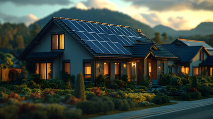 Obraz premium Modern Home with Solar Panels on Roof - 3D Illustration