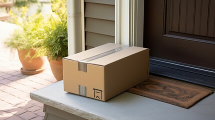 A neatly sealed cardboard box sits on a doorstep, surrounded by potted plants, epitomizing the convenience of expedited delivery service.