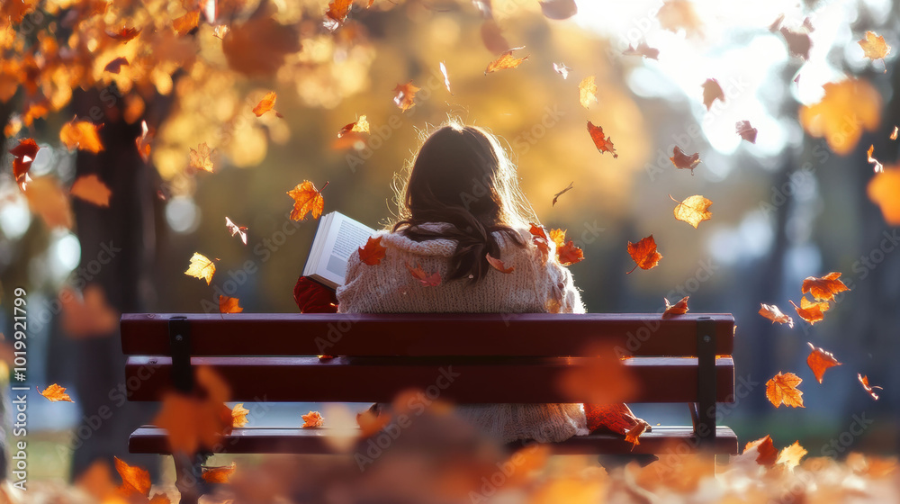 Sticker A woman sitting on a bench in the fall leaves