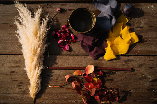 Autumnal collection with ornamental and vibrant objects.