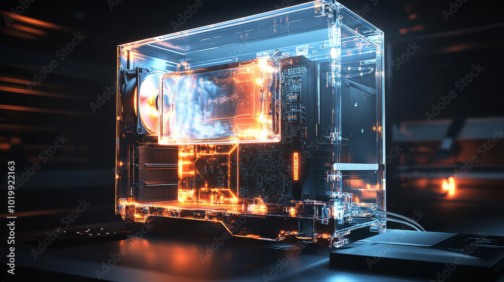 Poster a desktop computer being upgraded or repaired.the image shows a gaming computer with glowing parts o