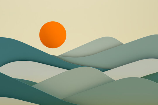 Soft 3d shapes background with orange sun rising over gentle waves