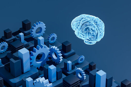 Abstract brain render surrounded by gears and cityscape elements