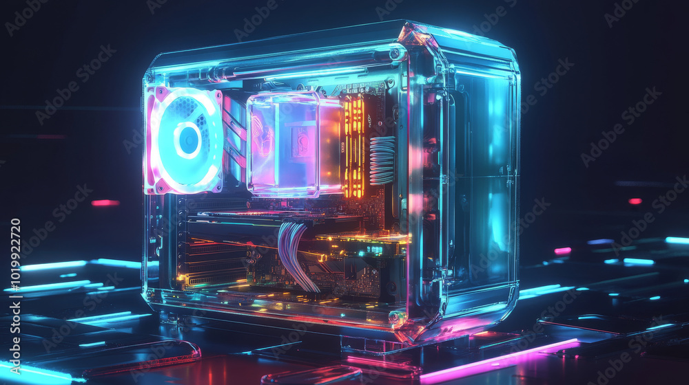Poster a desktop computer being upgraded or repaired.the image shows a gaming computer with glowing parts o