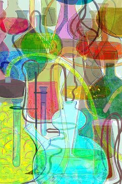 Colorful flasks and liquids in them