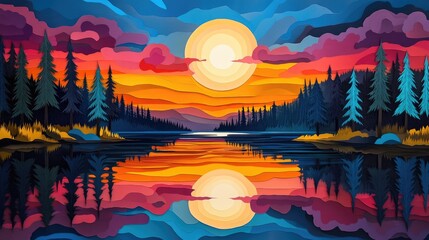 Sunset over a tranquil lake with vibrant colors reflecting on the water Tranquil lake at sunset with vibrant reflections