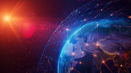 Abstract global network illustration: vector world globe with connected lines representing internet connectivity and worldwide communication background