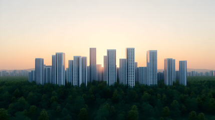 Obraz premium Modern city skyline emerges from lush green forest at sunset, showcasing tall buildings with reflective glass windows. scene captures harmonious blend of urban and natural elements