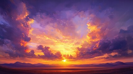 Sunset over a vast savannah with clouds scattering golden and purple hues across the sky.