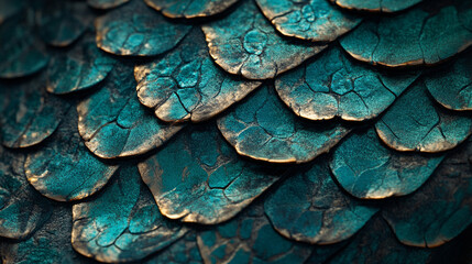 metallic green-blue dragon scales glistening in soft focus. Symbolizing strength, mystery, and fantasy, the iridescent texture evokes mythical creatures and hidden power in a surreal world