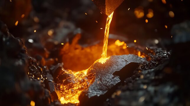 Foundry worker pouring molten metal into mold, capturing intense heat and precision of metalworking process with glowing liquid metal contrasting against dark industrial background.	