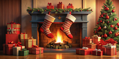 Red and black Christmas stocking stuffed with gifts by a fireplace, 3D illustration