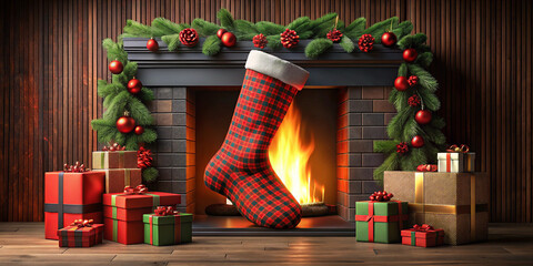 Red and black Christmas stocking stuffed with gifts by a fireplace, 3D illustration