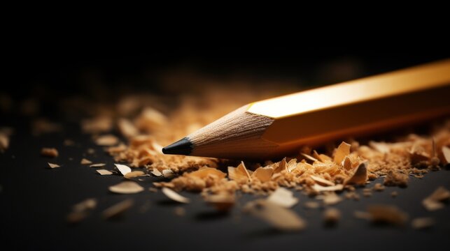 A freshly sharpened pencil lies amidst scattered shavings, inviting creative endeavors with its crisp point and warm yellow hue. - Powered by Adobe