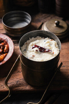 Curd rice with buttermilk soaked dry chilies