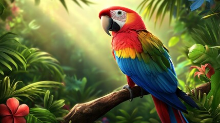 Colorful Macaw Parrot on Branch in Tropical Rainforest
