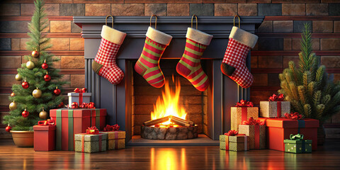 Red and black Christmas stocking stuffed with gifts by a fireplace, 3D illustration