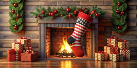 Red and black Christmas stocking stuffed with gifts by a fireplace, 3D illustration