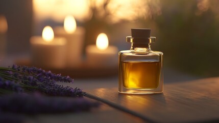 a luxurious glass bottle of spa oil resting on a wooden