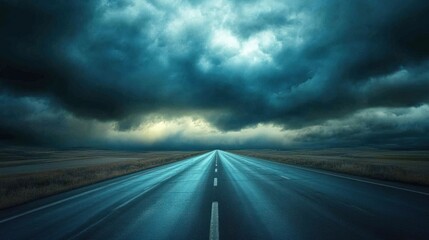 Fototapeta premium Thunderclouds forming over an empty highway, with dark skies ahead and clear skies behind.