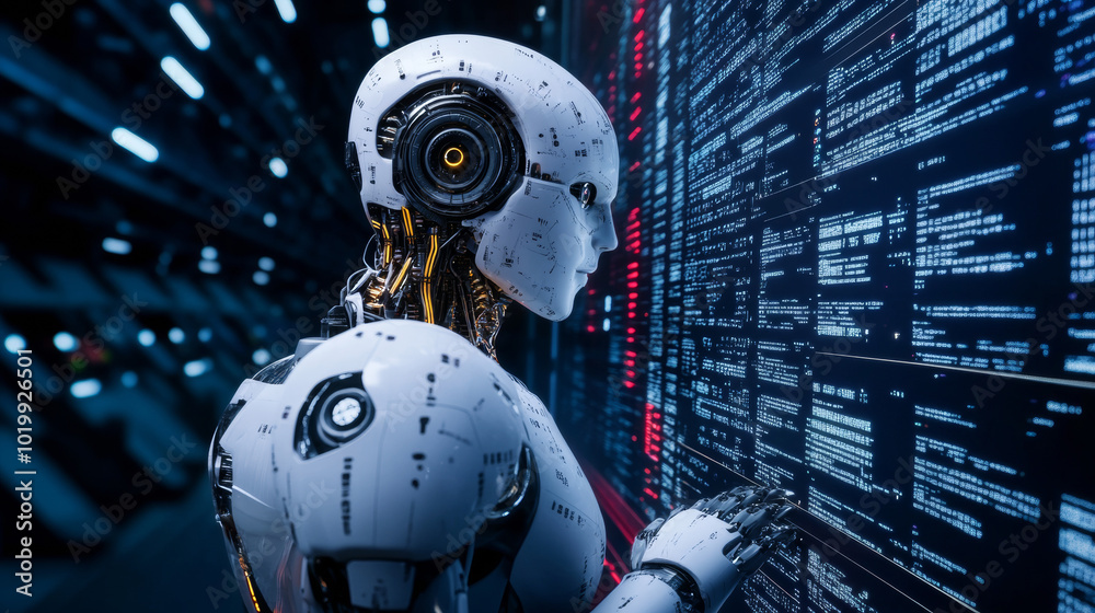 Poster a robot or cyborg is shown looking at a computer screen, representing artificial intelligence and ma