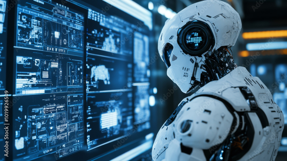 Poster a robot or cyborg is shown looking at a computer screen, representing artificial intelligence and ma
