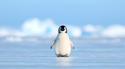 Obraz premium Cute emperor penguin chick stands on icy surface, surrounded by serene blue landscape. Its fluffy feathers and curious expression evoke sense of wonder and innocence