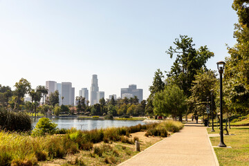 Walking Path at Echo Park Lake with Downtown LA Skyline in the B