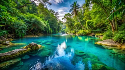 Obraz premium Serene Blue River Pools Surrounded by Lush Greenery and Tranquil Nature for Relaxing Escape