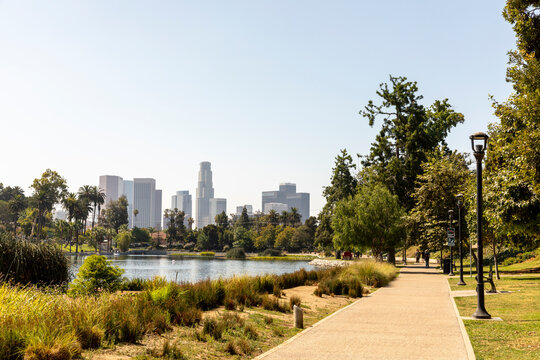 Walking Path at Echo Park Lake with Downtown LA Skyline in the B
