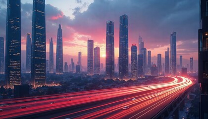 Fototapeta premium Futuristic Cityscape with Skyscrapers and Vibrant Sunset Sky for Urban Design Projects with Stunning Long Exposure