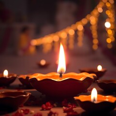 Clay Diya lamps lit during Diwali Festival celebration, Happy Diwali