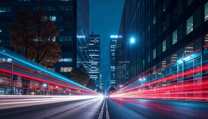 Naklejka premium Stunning Long Exposure Nighttime City Street Scene with Skyscrapers and Motion Blur for Urban Lifestyle Projects