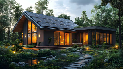 Modern House with Solar Panels in the Woods 3D Illustration