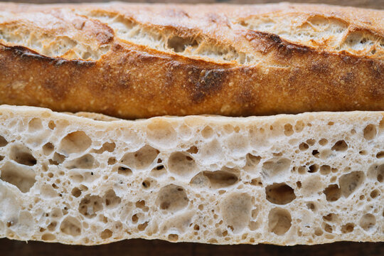 Close-up of artisan bread with open crumb structure