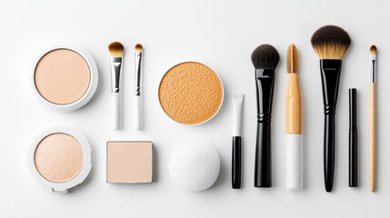 Makeup Brushes and Powder Foundation Products Flat Lay