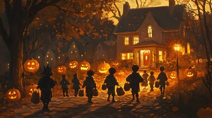 Trick or Treat Time in a Spooky Autumn Neighborhood with Costumed Kids and Carved Pumpkins