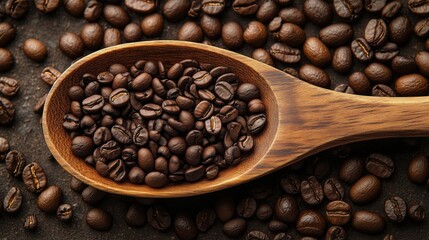 Fototapeta premium Wooden Spoon with Coffee Beans on Dark Background. Close Up of a wooden spoon filled with rich coffee beans on a dark background, highlighting the natural textures and ingredients for a perfect brew.