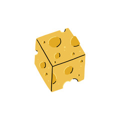 Yellow Cheese Single Square Cube Maasdam. Food Vector Illustration in Hand Drawn Style on White Isolated Background
