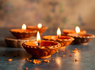 Clay Diya lamps lit during Diwali Festival celebration, Happy Diwali