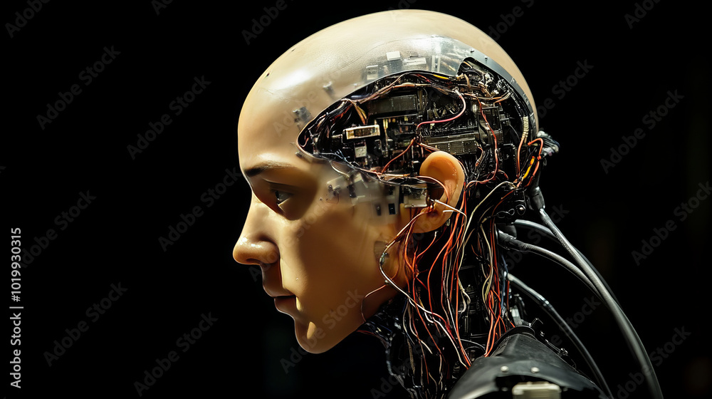 Poster a robot with a bald head is thinking hard. wires are attached to its head, showing it's powered by a