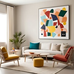 Luxurious living room with vibrant wall art, modern decor, and sleek furnishings in a beautifully lit interior space