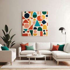 Luxurious living room with vibrant wall art, modern decor, and sleek furnishings in a beautifully lit interior space
