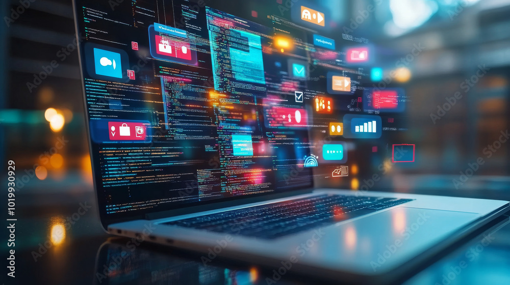 Poster a laptop shows code on its screen, surrounded by icons representing programming apps. this illustrat