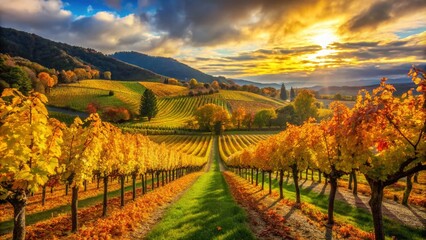 Fototapeta premium Serene Golden Leaves at a Picturesque Winery During Autumn - Nature's Beauty in Full Display