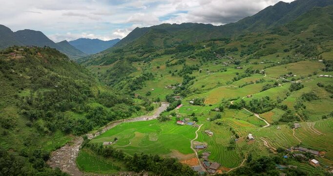Breathtaking Landscape Of Sa Pa Town In The Ho&agrave;ng Li&ecirc;n Son Mountains of Northwestern Vietnam. Aerial Drone Shot